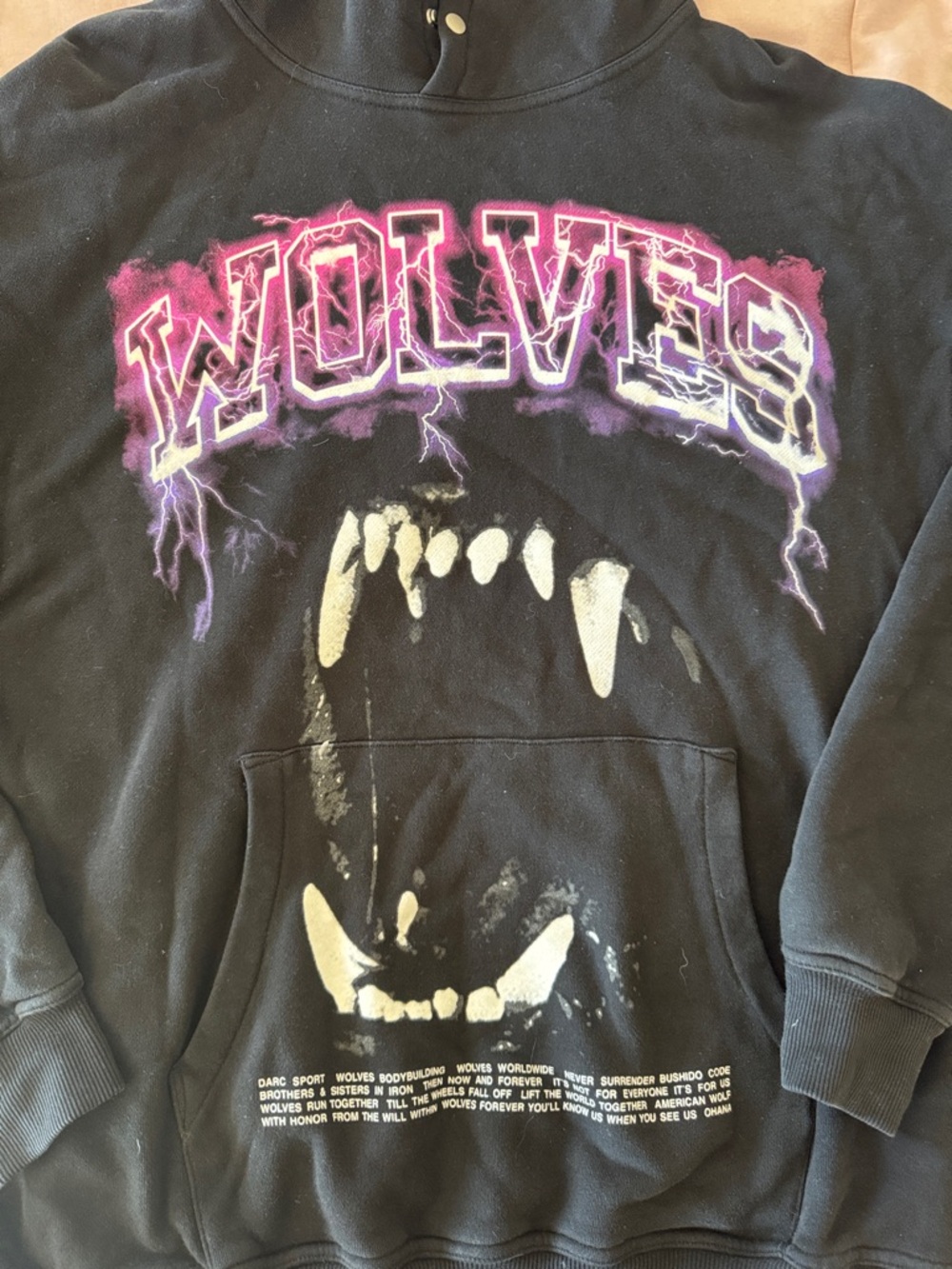 Darc Sport Black Hoodie with Purple and White Wolves Graphic